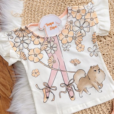 Conj. Blusa Floral com Cachorrinho e Short - Salmão e Off White